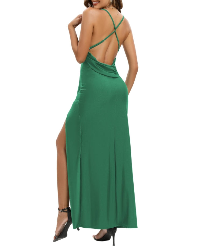 Green Women's Spaghetti Straps Backless Maxi Prom Dress Split Ruffles Cowl Neck Formal Dress Evening Gowns