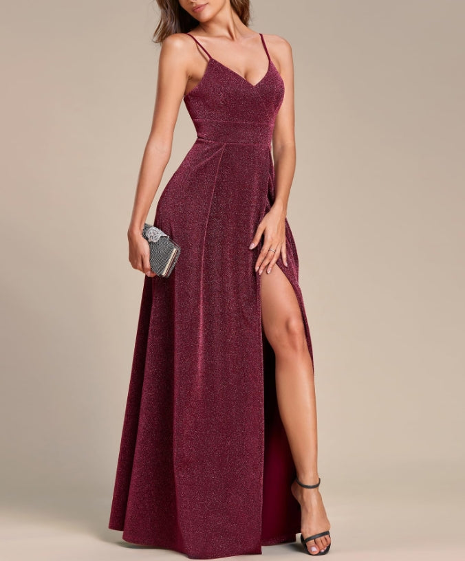 Burgundy Women's Sexy Spaghetti Straps Slit A-Line Glitter Prom Dress