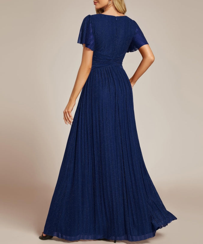 Navy Blue Women's Summer V Neck Pleated Short Sleeves Formal Prom Dresses