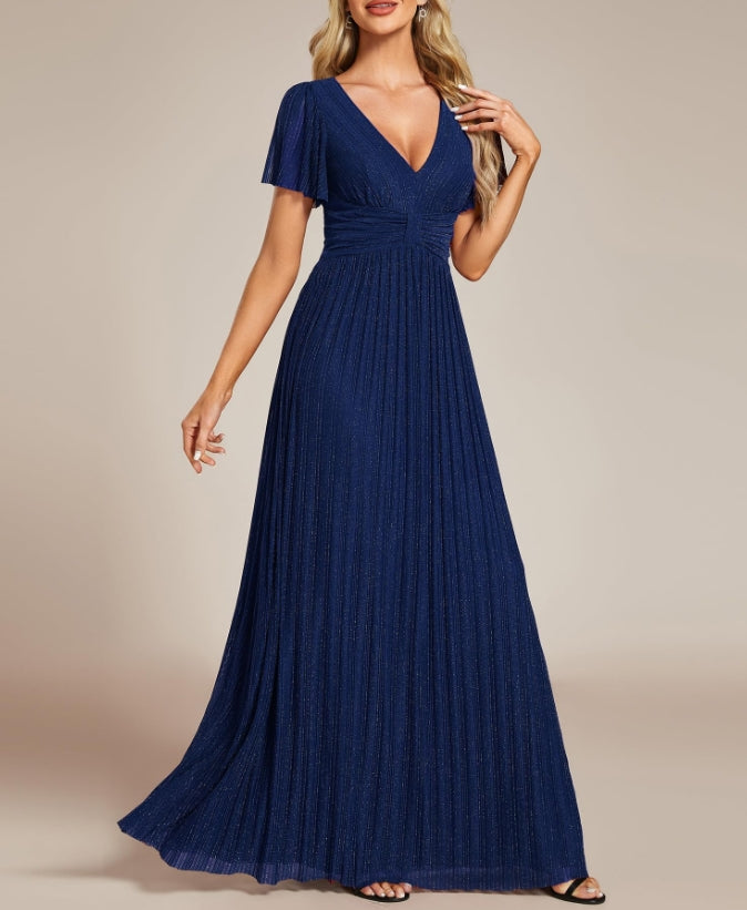 Navy Blue Women's Summer V Neck Pleated Short Sleeves Formal Prom Dresses