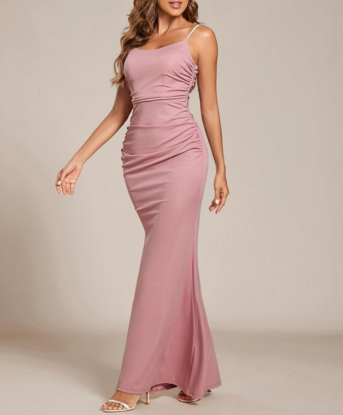 Dusty Rose Women's Crystal Spaghetti Strap Scoop Neck Glitter Bodycon Mermaid Prom Dress