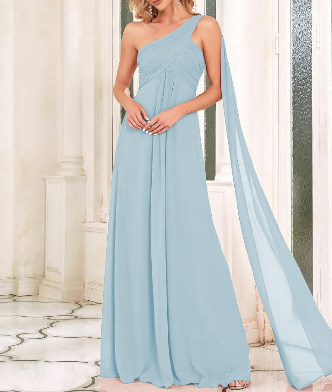Sky Blue Women's Summer One-Shoulder Empire Waist Chiffon Pleated Maxi Formal Prom Dress