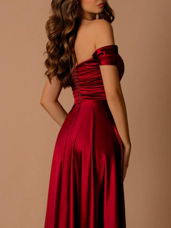 Off The Shoulder Satin Prom Dresses for Women A-line Long Evening Dress with