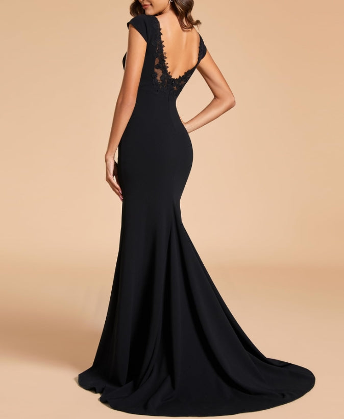 Black Deep V-Neck Lace on the back  Long Bodycon Formal Prom Dress