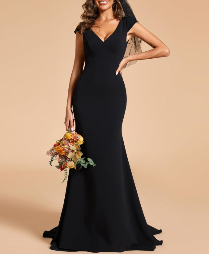 Black Deep V-Neck Lace on the back  Long Bodycon Formal Prom Dress