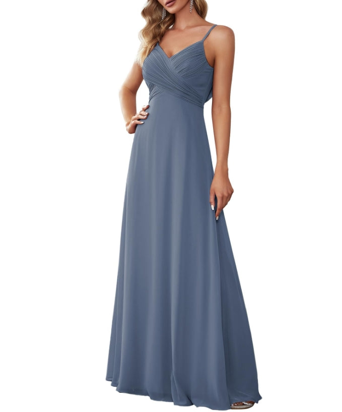 Dusty Navy Women's V-Neck Sleeveless Front Ruched Maxi A-Line Formal Prom Dresses