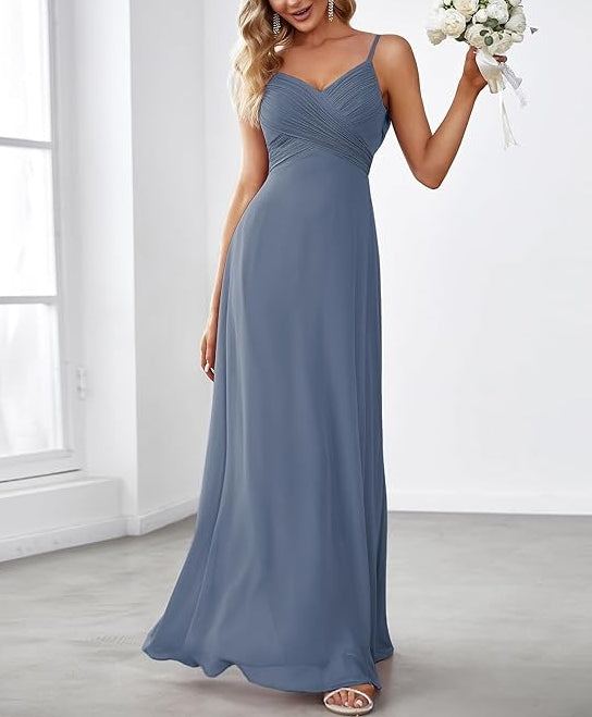 Dusty Navy Women's V-Neck Sleeveless Front Ruched Maxi A-Line Formal Prom Dresses
