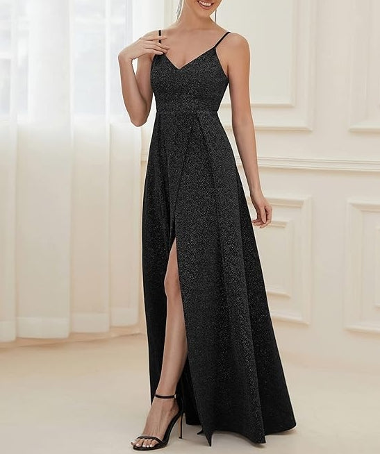 Black Women's Sexy Spaghetti Straps Slit A-Line Glitter Prom Dress