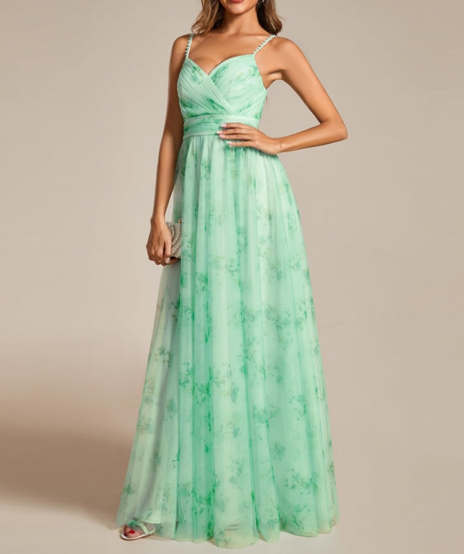 Mint Green Women's A-Line Spaghetti Strap Floral Tulle Floor Length Formal Prom Dresses