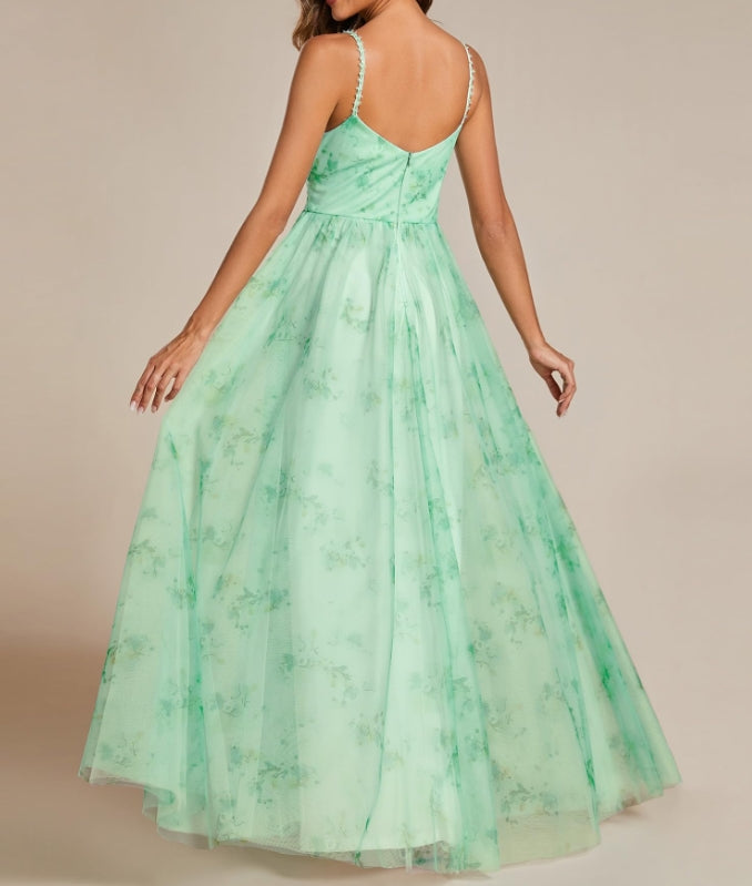 Mint Green Women's A-Line Spaghetti Strap Floral Tulle Floor Length Formal Prom Dresses