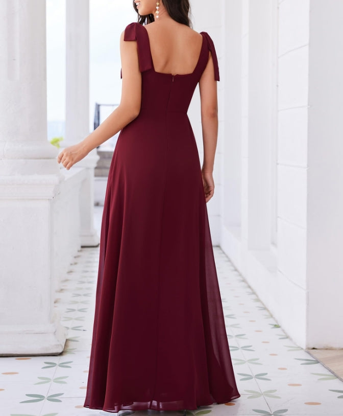 Burgundy Women's Summer Square Neck Sleeveless Bowknot A Line Split Maxi Prom Dresses