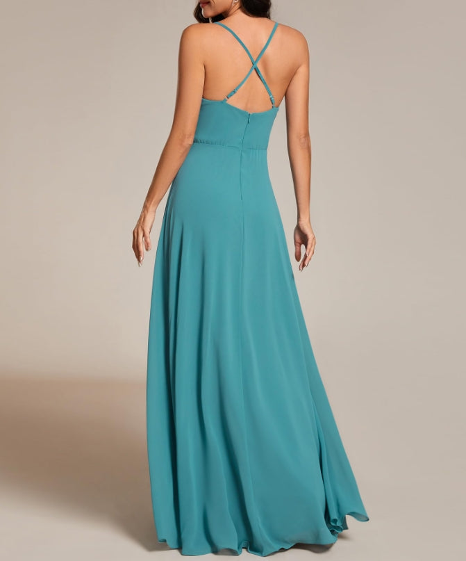 Dusty Blue Women's Elegant A Line Spaghetti Straps Cowl Neck Sleeveless Long Prom Dresses