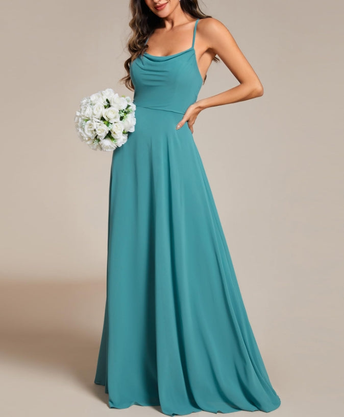 Dusty Blue Women's Elegant A Line Spaghetti Straps Cowl Neck Sleeveless Long Prom Dresses