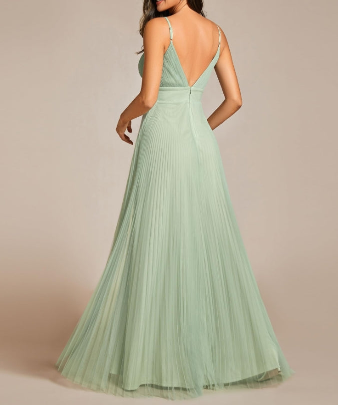 Mint Green Women's Sexy Spaghetti Strap A Line V Neck Tulle Pleated Formal Prom Dresses