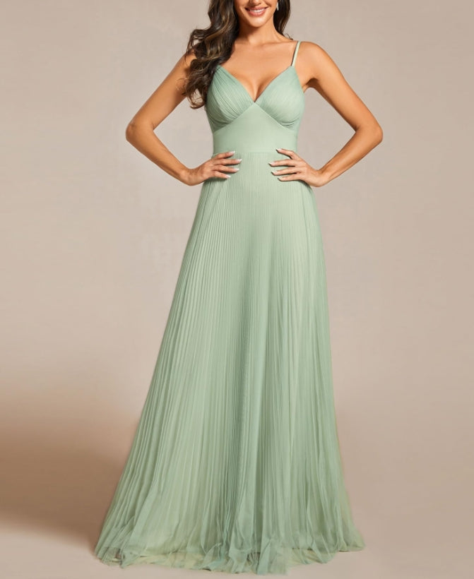 Mint Green Women's Sexy Spaghetti Strap A Line V Neck Tulle Pleated Formal Prom Dresses