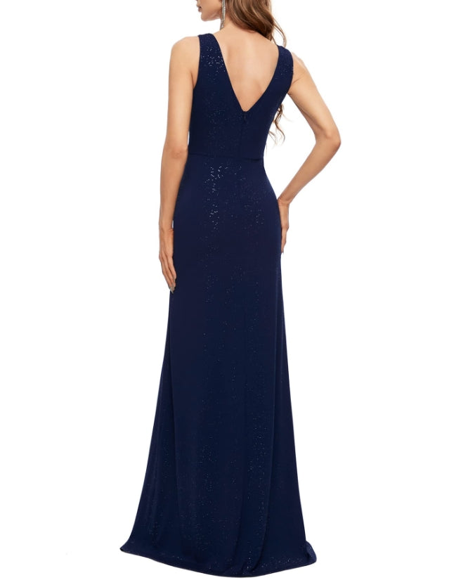 Navy Women's V-Neck Glitter Dress Side Split Prom Dress