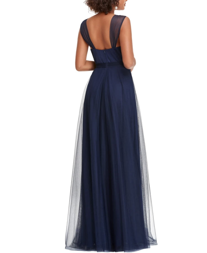Navy Blue Women's Elegant V Neck Sash Waist A-Line Maxi Tulle Wrap Dress Prom Dresses