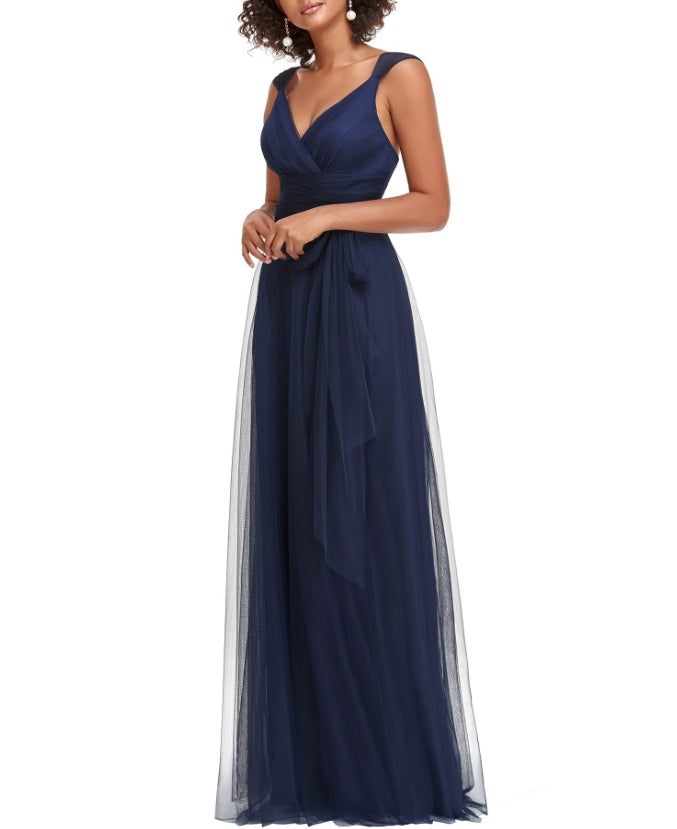 Navy Blue Women's Elegant V Neck Sash Waist A-Line Maxi Tulle Wrap Dress Prom Dresses