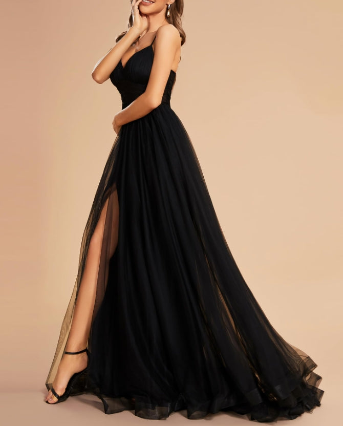 Black Women's Tulle V Neck Sleeveless A Line Split Floor Length Prom Dresses