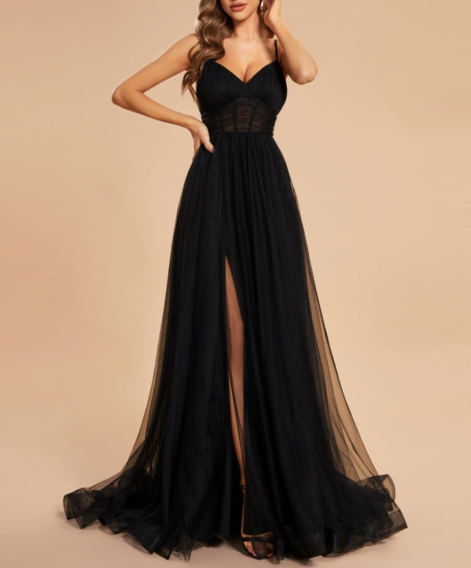 Black Women's Tulle V Neck Sleeveless A Line Split Floor Length Prom Dresses
