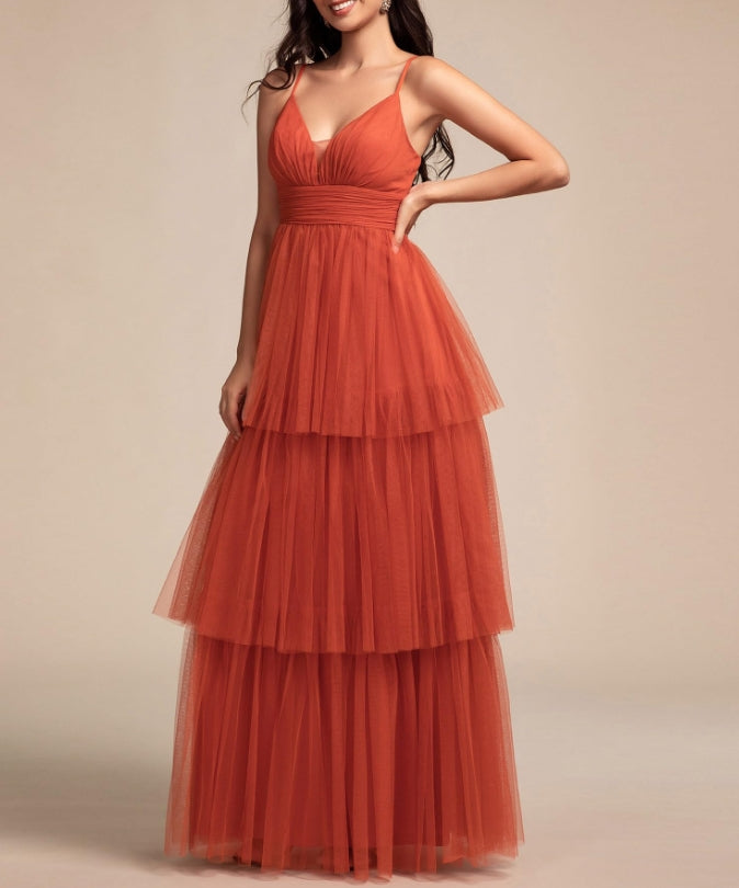 Burnt Orange Women's Sexy V Neck Spaghetti Straps Empire Waist Pleated Layered Tulle Prom Dresses