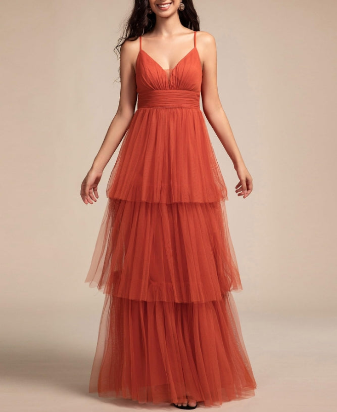 Burnt Orange Women's Sexy V Neck Spaghetti Straps Empire Waist Pleated Layered Tulle Prom Dresses