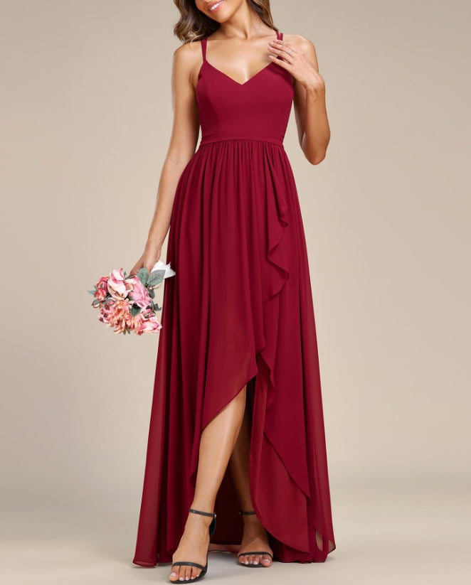 Burgundy Women's V Neck Adjustable Spaghetti Straps Open Back A Line Floor-Length Prom Dress