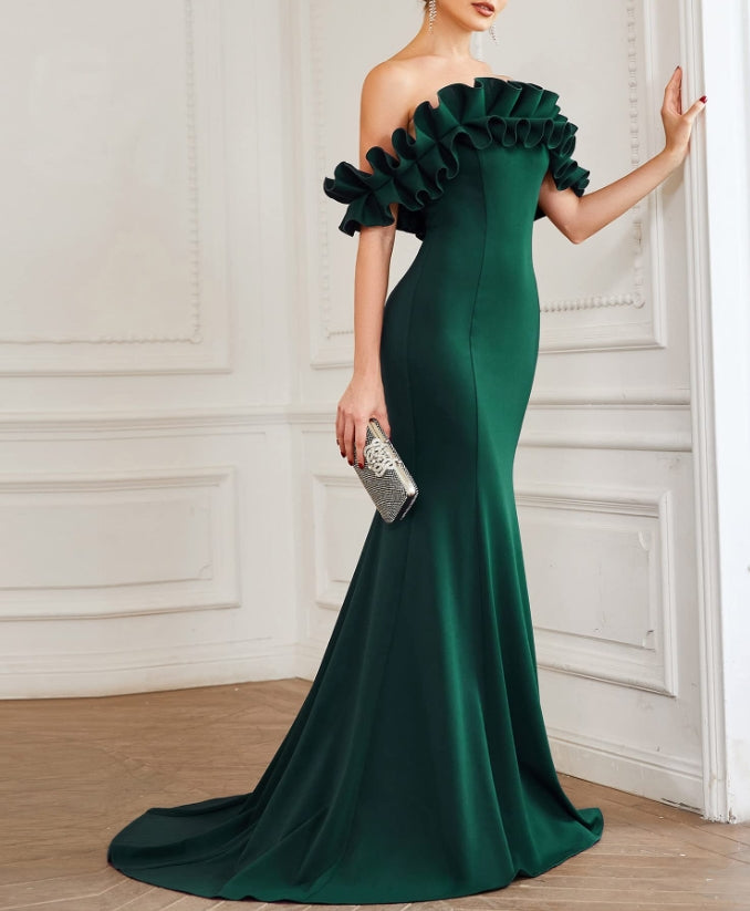 Dark Green Womens Off Shoulder Ruffle Sleeve Bodycon Formal Prom Dress