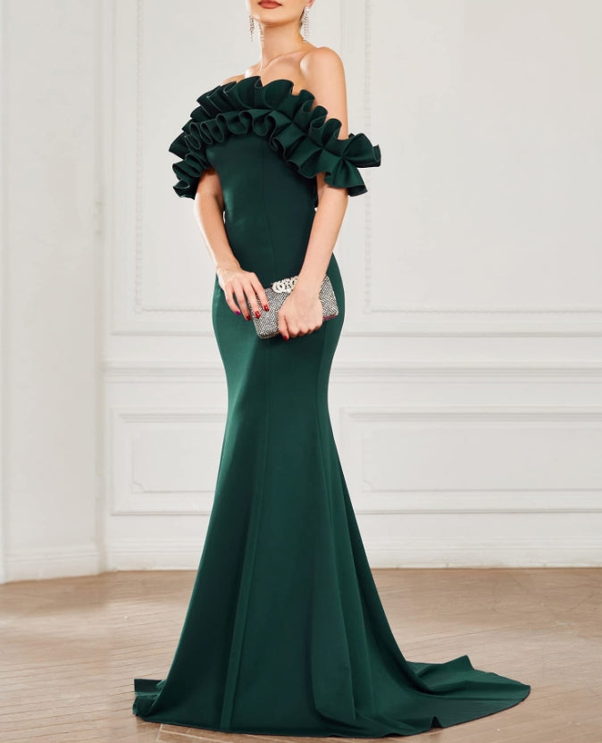 Dark Green Womens Off Shoulder Ruffle Sleeve Bodycon Formal Prom Dress