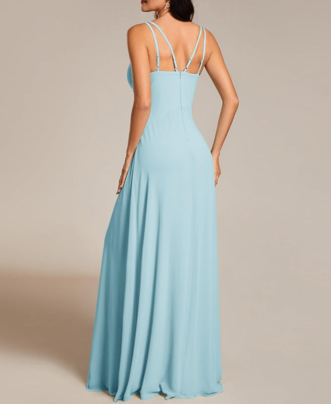 Sky Blue Women's Chiffon V-Neck Flowy Pleated Chiffon Spaghetti Straps Elegant Prom Dresses