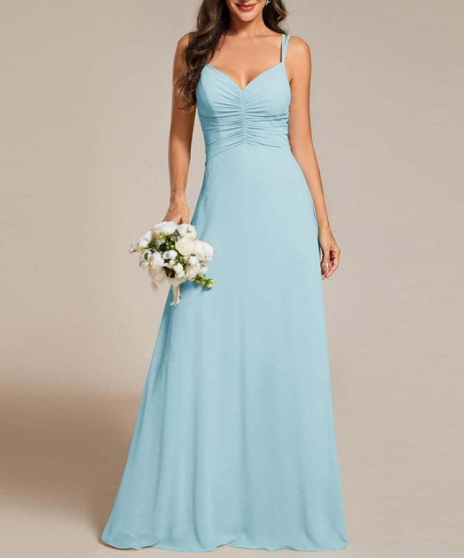 Sky Blue Women's Chiffon V-Neck Flowy Pleated Chiffon Spaghetti Straps Elegant Prom Dresses