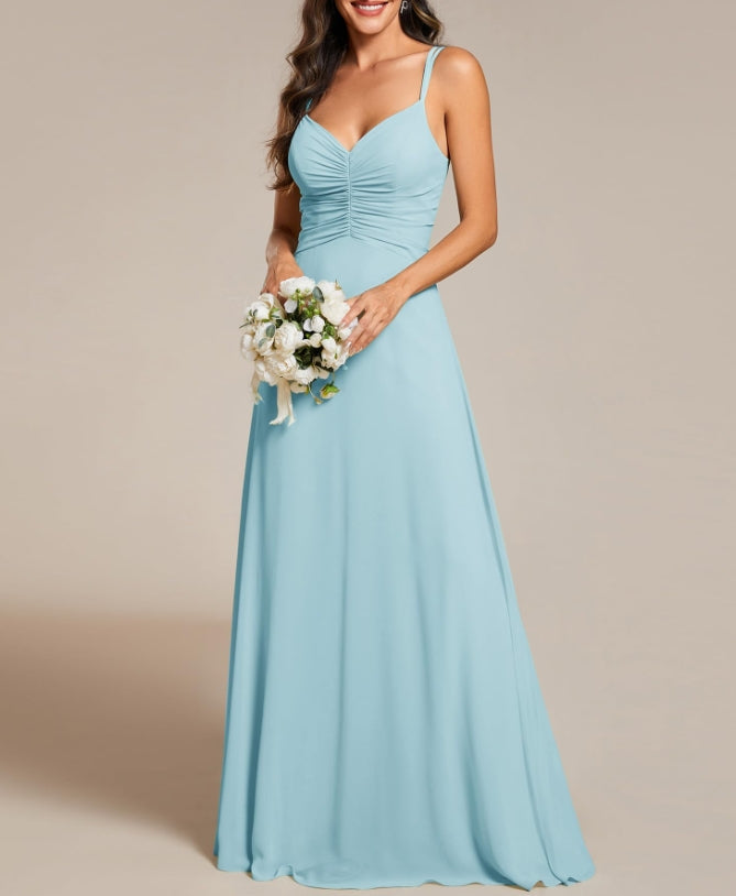 Sky Blue Women's Chiffon V-Neck Flowy Pleated Chiffon Spaghetti Straps Elegant Prom Dresses