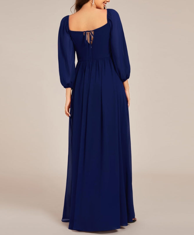 Navy Blue Women's Elegant Ruched Sweetheart Empire Waist A Line Long Sleeves Maxi Chiffon Prom Dresses