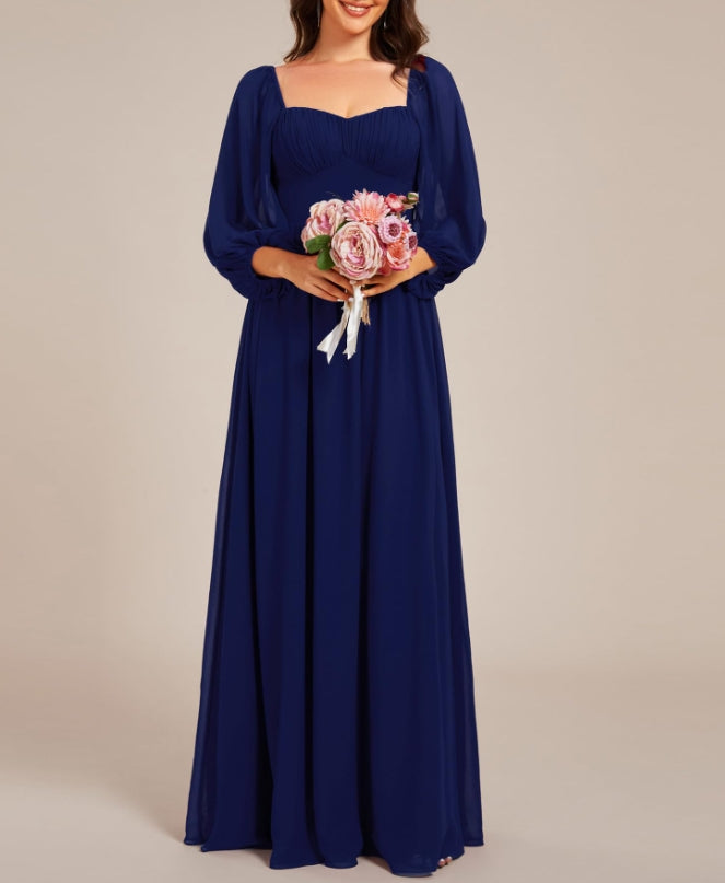 Navy Blue Women's Elegant Ruched Sweetheart Empire Waist A Line Long Sleeves Maxi Chiffon Prom Dresses