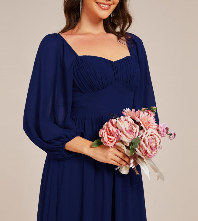 Navy Blue Women's Elegant Ruched Sweetheart Empire Waist A Line Long Sleeves Maxi Chiffon Prom Dresses