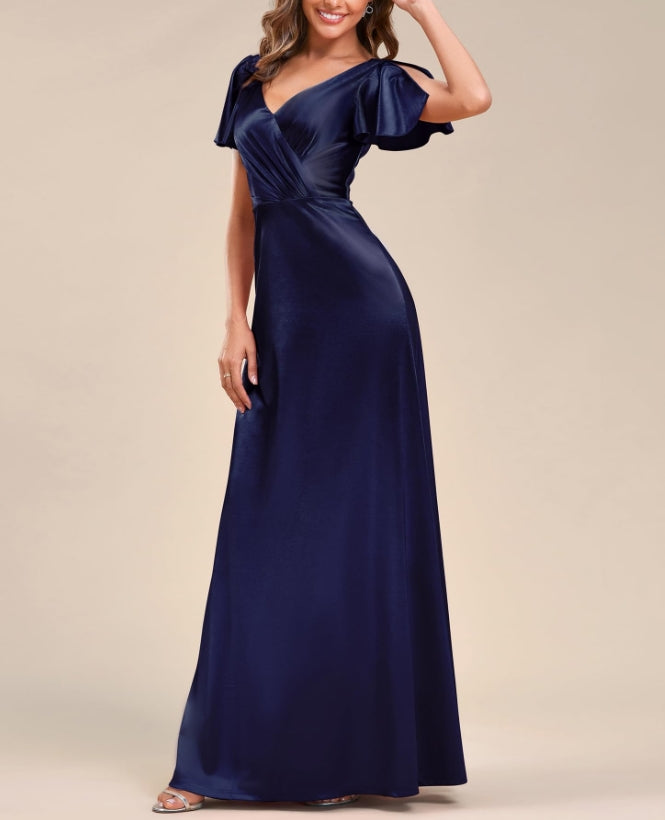 Navy Blue Women's Shiny Satin Ruffles Sleeves V-Neck Prom Dresses For Evening Dresses