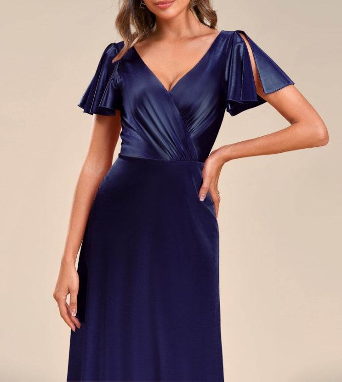 Navy Blue Women's Shiny Satin Ruffles Sleeves V-Neck Prom Dresses For Evening Dresses