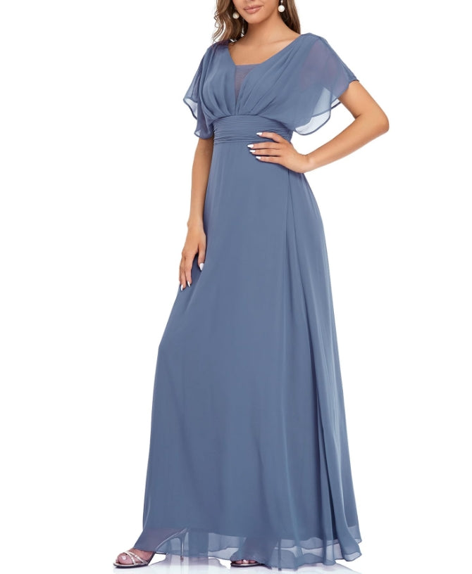 Haze Blue Women's Elegant V-Neck Formal Prom Dresses For Evening Dresses