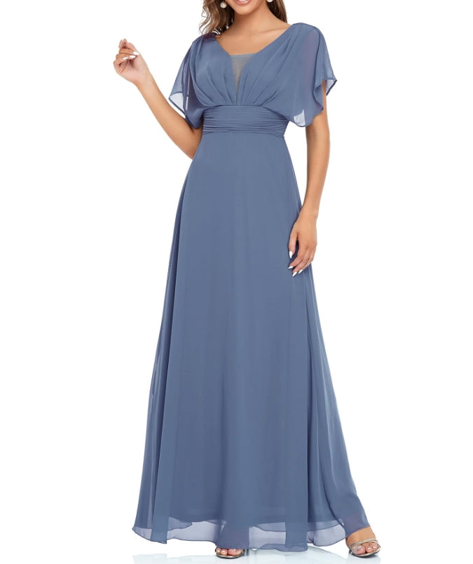 Haze Blue Women's Elegant V-Neck Formal Prom Dresses For Evening Dresses