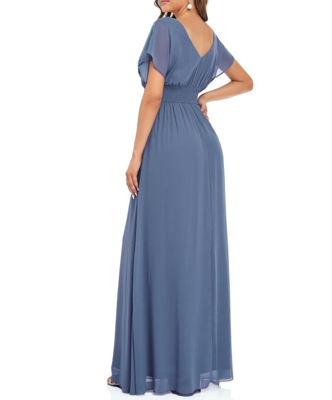 Haze Blue Women's Elegant V-Neck Formal Prom Dresses For Evening Dresses