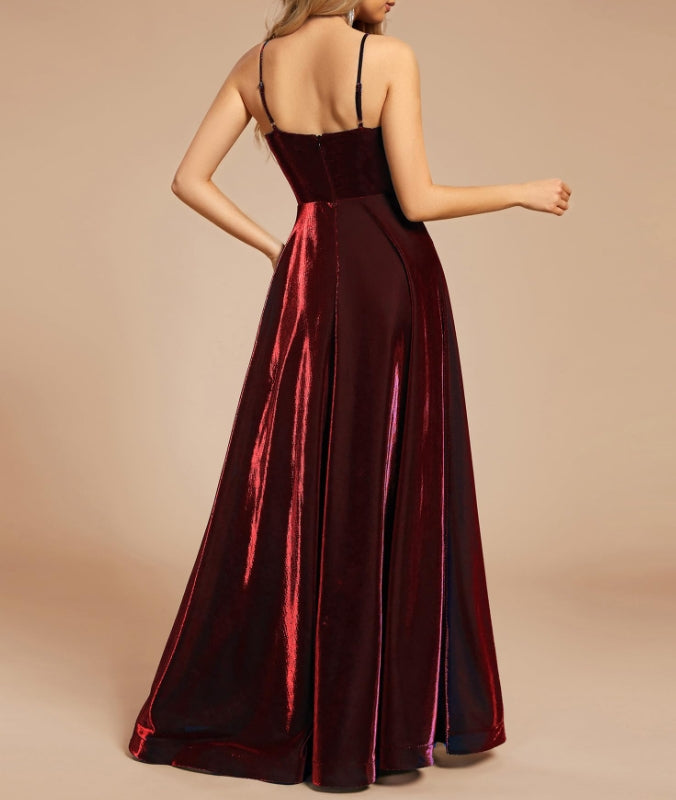Burgundy Women's Custom Iridescent Mesh Spaghetti Strap V-Neck A-line Backless Sexy Tulle Prom Dress