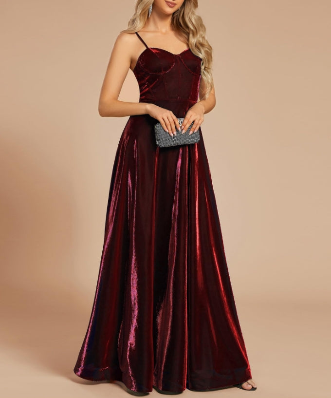 Burgundy Women's Custom Iridescent Mesh Spaghetti Strap V-Neck A-line Backless Sexy Tulle Prom Dress