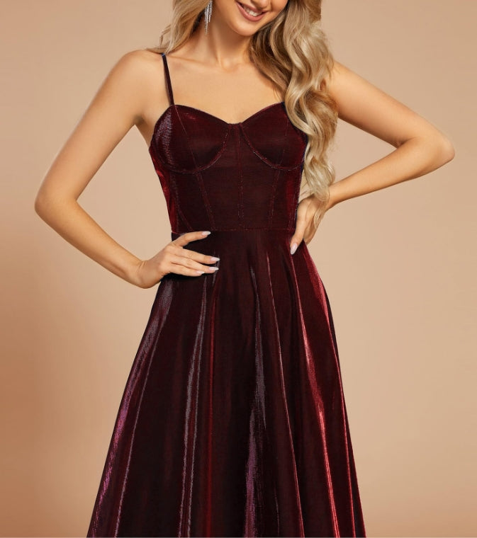 Burgundy Women's Custom Iridescent Mesh Spaghetti Strap V-Neck A-line Backless Sexy Tulle Prom Dress