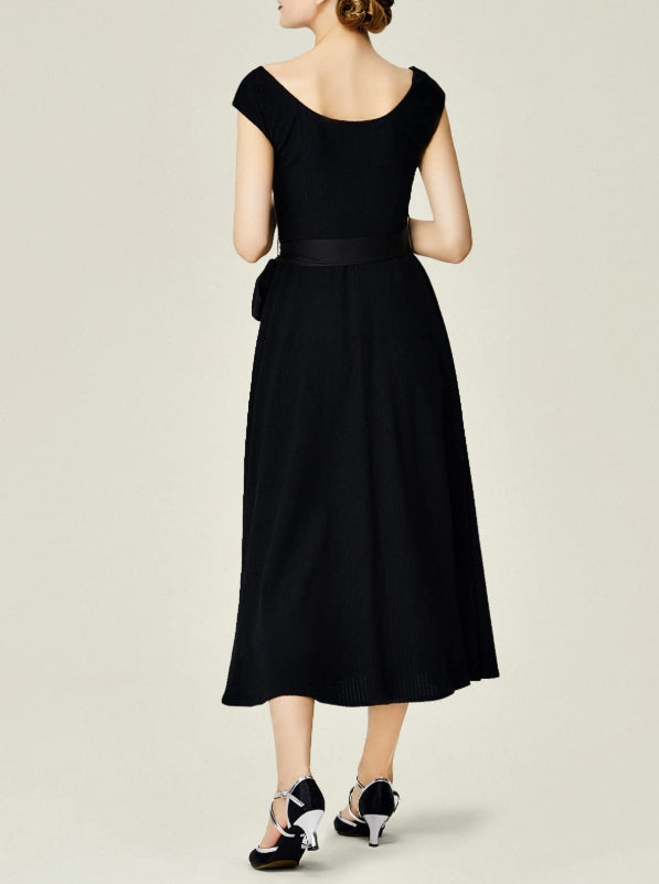 Black Formal Dress for Women A-line Long Dress with Wide Ribbon Waistband Prom Maxi Dress