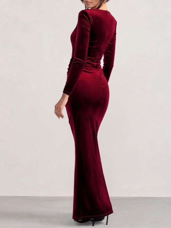 Long Sleeve Velvet Prom Dresses for Women Maxi Ruched Formal Evening Gown with Slit