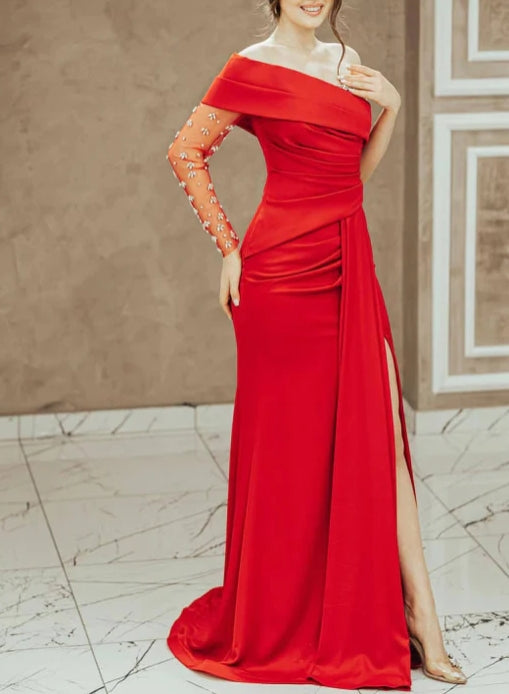 Red Long Sleeve One-Shoulder Mermaid Prom Dress with Split and Beading