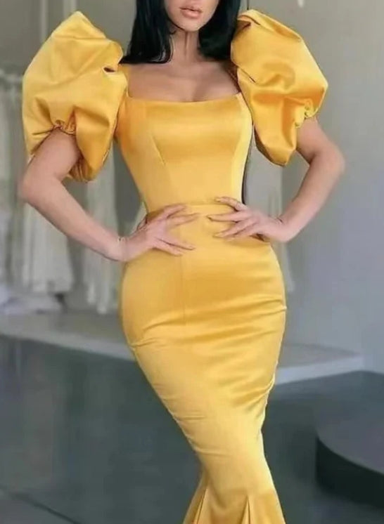 Yellow Square-Neck Bubble Sleeve Mermaid Long Prom Dress