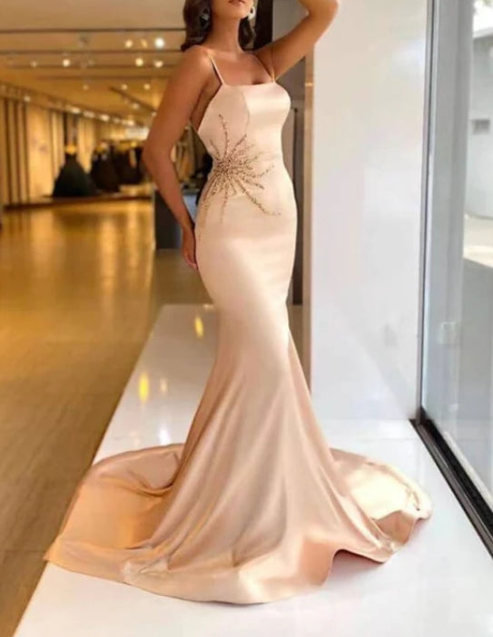 Spaghetti Strap Long Tail Style Prom Dress with Decorative Waist