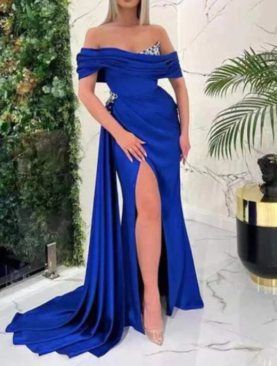 Royal Blue Off-the-Shoulder Mermaid Prom Dress with Ruffles and Split