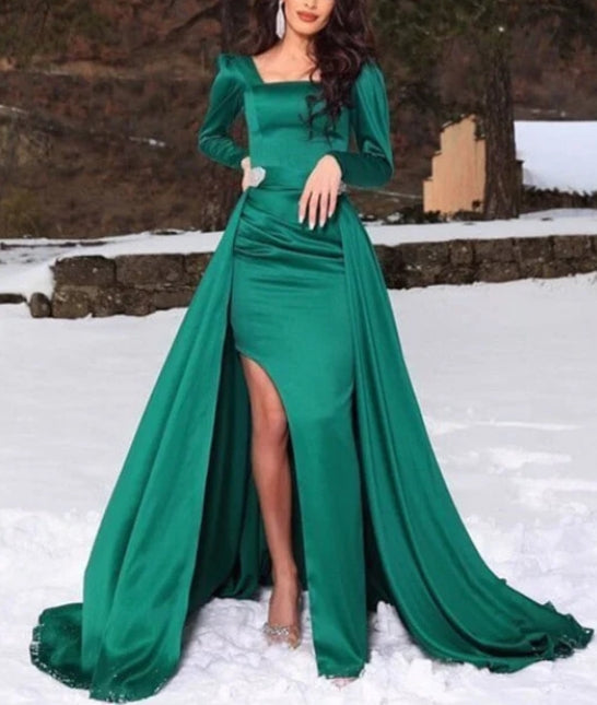 Dark Green Long Sleeve Mermaid Prom Dress with Slit and Detachable Skirt